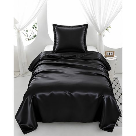 Parure de lit en satin 135 x 200 cm - Noir - Housse de couette 135 x 200 cm avec fermeture éclair - 1 taie d'oreiller 80 x 80 cm (1/5)