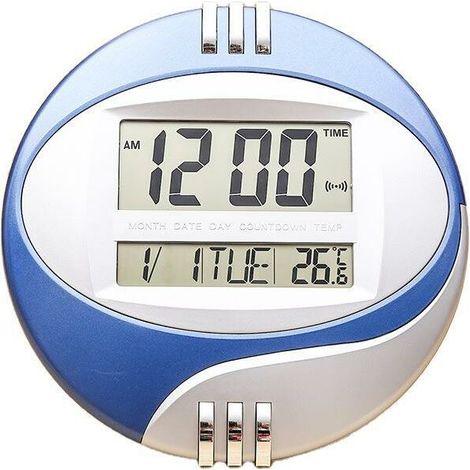 Digitale Wanduhr im modernen Design, funkgesteuert, mit Thermometer und Wecker, großem LCD-Bildschirm, ideal zur Dekoration des Wohnzimmers, der Küche oder des Büros (grau-blau). (1/4)