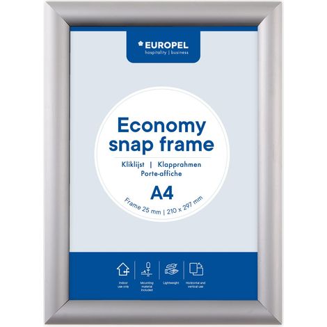 EUROPEL Cornice a Scatto A4 Argento – Apertura 4 Lati, Alluminio Anodizzato 25×11mm, Angoli 45°, Pellicola Antiriflesso, Verticale o Orizzontale, Fissaggi Inclusi (1/5)