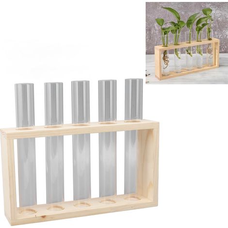 Vase hydroponique en bois brut et verre transparent grillé au charbon de bois, idéal pour les plantes vertes hydroponiques. Support en bois simple pour la présentation. Pot pour pothos. Cinq tubes. (1/5)