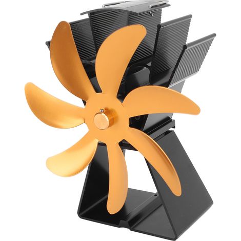 Ventilateur de poêle à bois à 7 pales, alimenté par la chaleur, fonctionnement silencieux, en alliage d'aluminium, base trapézoïdale verticale, couleur or. (1/5)