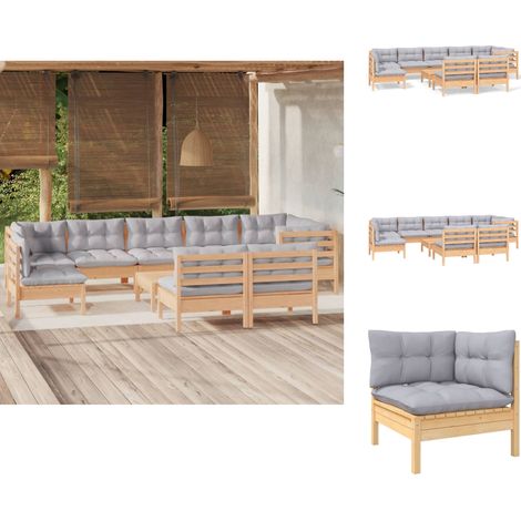 Gartenmöbel-Sets - Living 10-tlg. Garten-Lounge-Set mit Grauen Kissen Kiefer Massivholz (1/5)