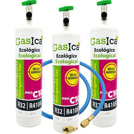 Pack 3 GASICA C10 PRO 400g  Sustituto R410A R32  Kit con Válvula, Manguera y Adaptador  Gas Ecológico de Alta Eficiencia