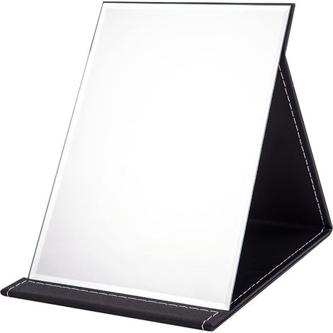 Miroir de Maquillage Pliable sur Pied - Coiffeuse Portable en Cuir PU pour Voyage, Réglage Multi-Angle Super HD - 21x15cm (Noir)
