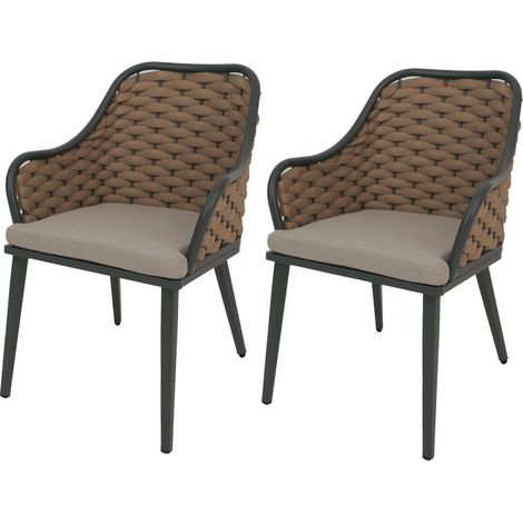 [NEUWERTIG] 2er-Set Stuhl HHG-761, Outdoor Stuhl Armlehne, Olefin Seilgeflecht Rope beige Kissen hellbraun (1/5)