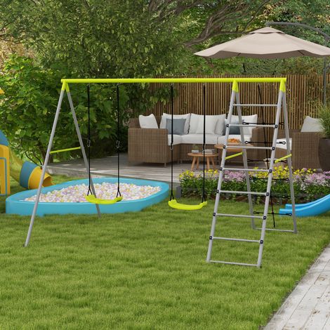 Kinderschaukel-Set, mit Kletternetz und Sprossenleiter, für Kinder 3-8 Jahre, Stahlgestell, Grün
