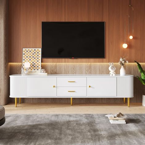Meuble TV design avec tiroirs, coins incurvés & côtés ondulés, poignées/pieds dorés, lowboard élégant pour salon (1/5)