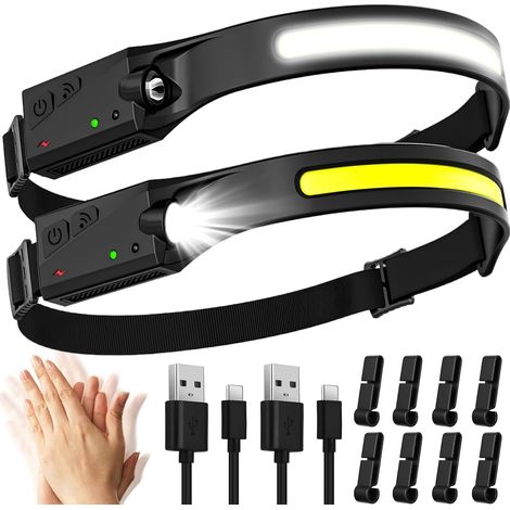 2-teilige, extrem leistungsstarke LED-Stirnlampe, 2000 Lumen, 5 Modi, wiederaufladbare Stirnlampe, USB-Bewegungssensor, wasserdichte Stirnlampe (IPX4), für Camping, Angeln, Joggen, Radfahren [Energiek (1/5)