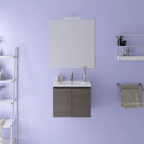 Meuble de salle de bain suspendu 60 cm en chêne foncé avec lavabo et miroir Rata (1/4)