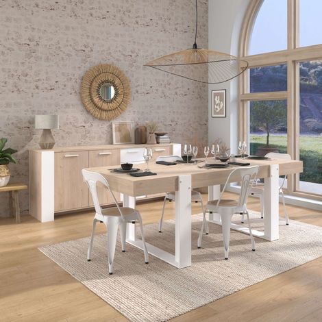 Ensemble séjour table repas 220cm + buffet 3 portes aspect bois et blanc - YOUENN (1/5)
