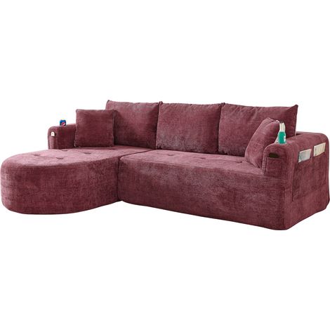 Canapé d'Angle Modulaire, sans Montage avec Porte-Gobelet Inox et Poches Latérales, Tissu Rouge Bordeaux (1/5)