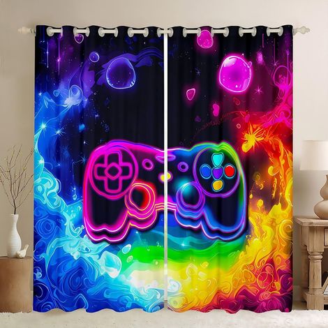 Rideau Occultant 140x260 cm Garçons Gamer, Rideau Cartoon Gamepad, Rideaux Voilage Consoles de Jeu, Voilage Fenetre Eau et Feu pour Chambre Salon - 140L X 260H cm (2 Panneaux) (1/5)