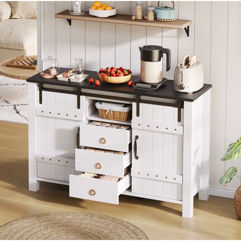 Credenza in MDF con 2 ante scorrevoli, 3 cassetti e vano aperto, per sala da pranzo e soggiorno, bianca (1/5)