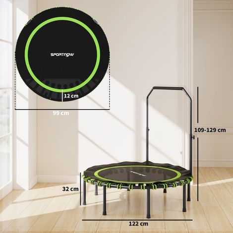 Trampoline de fitness avec barre d'appui réglable, sport à domicile et extérieur, acier robuste et plastique, vert, équipement d'entraînement polyvalent. (1/5)