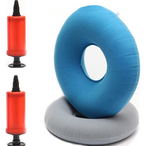 2PCS Coussin Gonflable d'anneau de Coussin de Beignet, Siège Coussin Donut avec 2 Pompes, pour Sièges D'auto, Fauteuils Roulants, Traitement des Hémorroïdes, Bureau Sédentaire (Gris, Bleu) (1/5)
