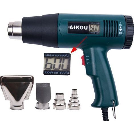 Pistolet thermique, pistolet à air chaud 1800 W, affichage numérique LCD, température de 60 à 600 degrés Celsius, chauffage rapide, débit d'air de 300 à 550 l/min + 4 buses (1/4)