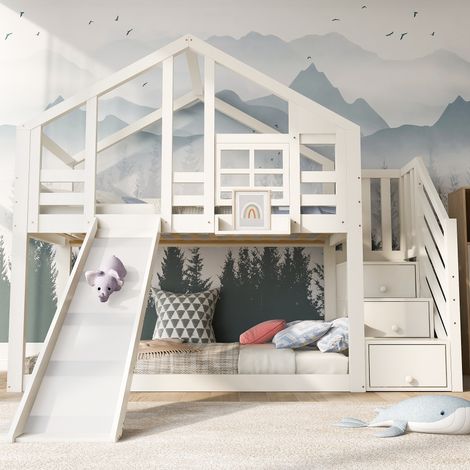 Kinderbett Baumhaus 90x200 cm, Etagenbett für 2 Kinder mit Rutsche, Treppenschrank und Stauraum, Hausbett Massivholz mit Rausfallschutz, Weiß (1/5)