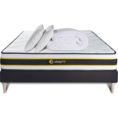 Komplettpaket Bett - Matratze 140x190 cm + Boxspringbett mit Lattenrost (im Set) + 2 Kopfkissen + Bettdecke - Flexy