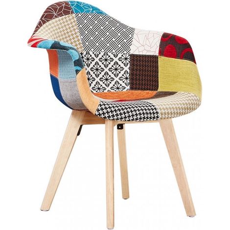 Chaise de salle à manger patchwork avec accoudoirs – Revêtement en tissu – Pieds en bois massif – Siège rembourré pour confort – Life Interiors