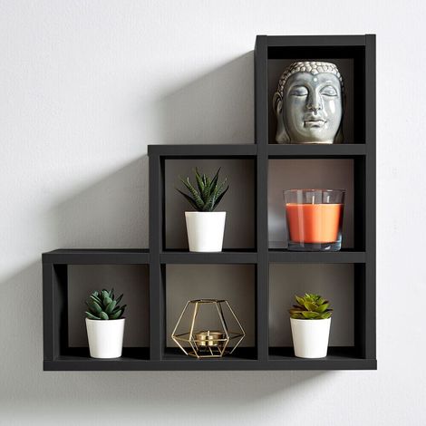 Black Wall Mounted 3-2-1 Step Style Storage Cube Bookcase Wooden Display Unit (1/3)