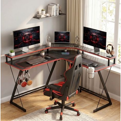Escritorio esquinero en L de 128 cm con enchufes, soporte monitor y ganchos, negro (1/5)