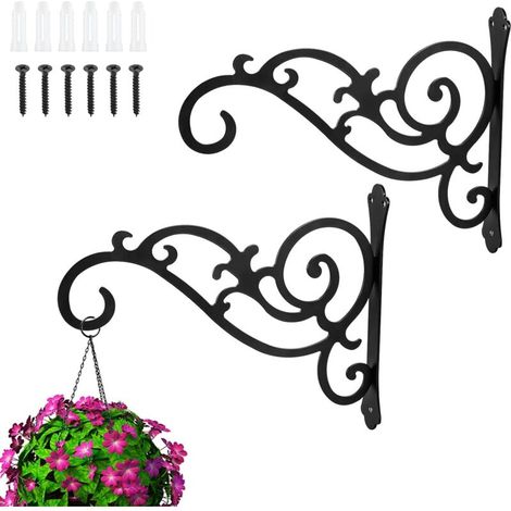 Set of 2 hanging basket brackets, 29 cm, wall hook for hanging plants, solar lights, insect repellent, hummingbird feeders and wind chimes, black (high load capacity) (1/4)