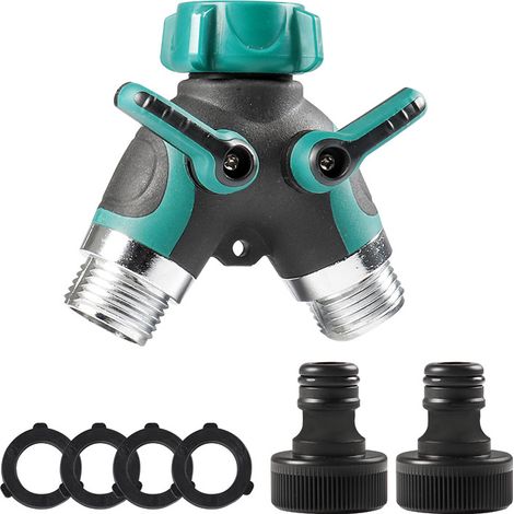 2-Wege-Gartenarmatur – Schlauchverteiler mit 2 unabhängigen Ventilen, 3/4"-Anschluss, einstellbarer Durchflussmenge, Adapter für die Gartenbewässerung