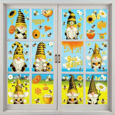 Lot de 9 autocollants abeilles pour fenêtre, motif gnome et miel, pour le printemps et l'été. Autocollants statiques pour vitres, autocollants auto-adhésifs, décorations pour la maison et les fêtes. (1/4)