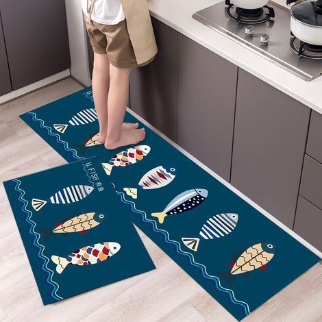 Tapis de sol anti-dérapant portable confortable motif mignon coussin de cuisine pour salon salle de bain porte poisson 40x120cm / 15.8x47.2in.