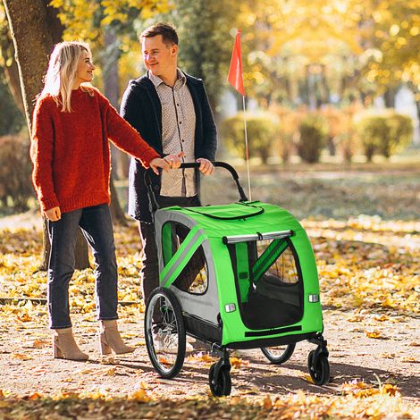 Remorque 2 en 1 pour vélo et poussette pour chien, en acier et tissu Oxford, avec réflecteurs et drapeau, verte (1/5)