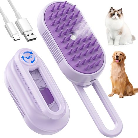 Brosse à vapeur pour chats (anti-mue), brosse rechargeable 4 en 1 pour chats et chiens : antistatique, massage, nettoyage, élimination des poils morts et brossage, tout en un (violet) (1/5)