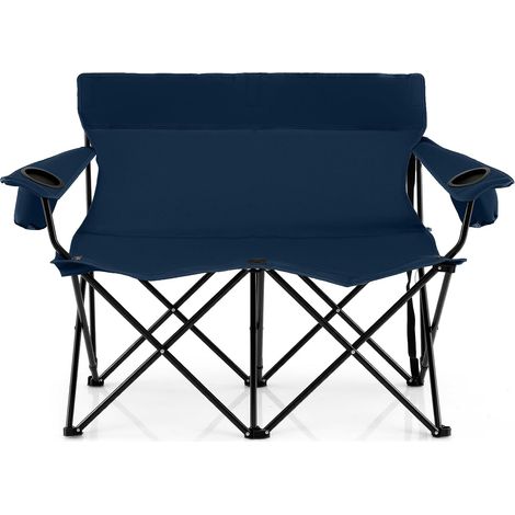 Chaise Pliante Camping à 2 Places, 132 x 66 x 96 cm, Charge 300 kg, Chaise de Jardin Exterieur, 2 Porte-Gobelets, Sac de Transport (Bleu) (1/5)
