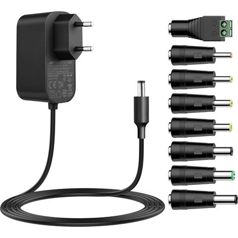 Adaptateur Universel 1.8M, 12V 0.3A 0.5A 0.8A 1A 2A Chargeur, 5,5mm2,1mm avec 8 adaptateurs de Prise DC pour caméra CCTV, routeur WLAN, hub, Bande LED, télécom, Sonnette de Porte (12V2A) (1/5)