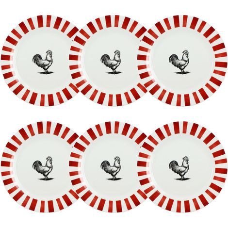 Lot de 6 assiettes plates en porcelaine, COCORICO