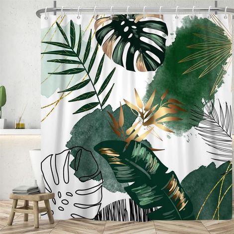 Duschvorhang 180 x 200 cm, schimmelresistent, tropisch-grünes Dschungelpalmenblattmuster, waschbarer, wasserdichter Stoff-Badewannenvorhang mit 12 Haken (1/5)