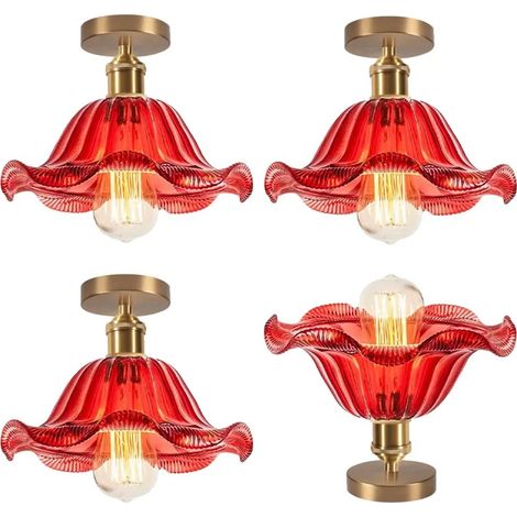 4pcs Plafonnier Retro en Verre 25cm,Moderne Lampe de Plafond Industriel Design Fleur E27 Lustre pour Salon Chambre,Rouge (1/5)