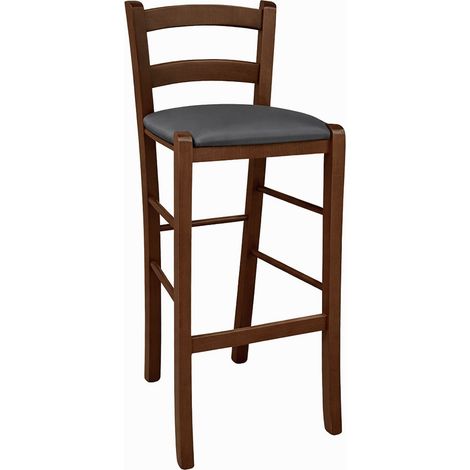 Sgabello in legno noce scuro h 67cm con seduta imbottita in similpelle antracite