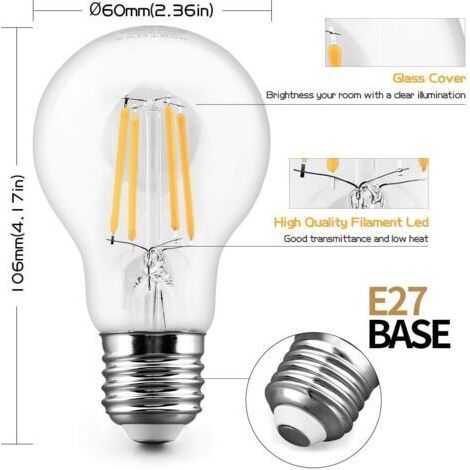 lot de 6 ampoules Filament LED E27 Blanc Chaud 2700K 4W 400LM Edison Vintage (1/4)