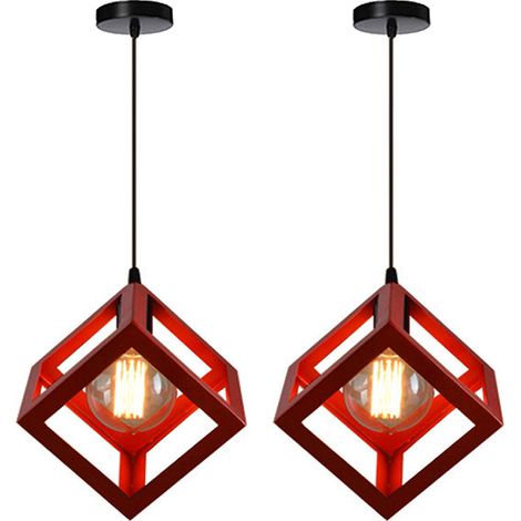 2er Pendelleuchte Würfel, Kreative Kronleuchter im Industri Stil, Hängelampe mit Metall Käfig E27 Lampenfassung für Wohnzimmer Esszimmer (Rot)