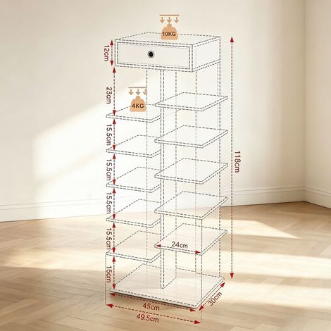 Meuble à chaussures vertical en bois avec 12 compartiments et tiroir, coloris veinure bois (1/4)