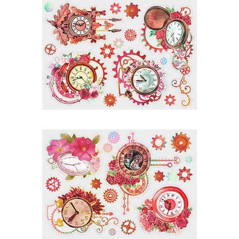 Lot de 2 autocollants décoratifs à faire soi-même, motif horloge et fleurs, bonne adhérence, pour agenda, carnet, enveloppe ou album photo (rouge).