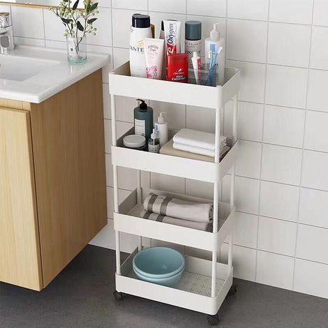 Chariot de Rangement Mobile sur 4 Niveaux, Chariot de Stockage, Étagère sur Roulettes, pour Cuisine Étroites, Salle de Bain, Buanderie, Bureau, 40x22x90cm, Blanc (1/5)