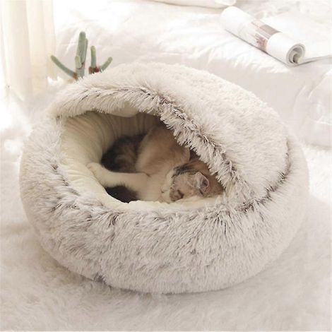 Panier moelleux pour chat, rond, en peluche douce, avec capuche, idéal pour l'hiver, chaud et confortable, antidérapant et lavable en machine, pour chats et chiots. (1/5)