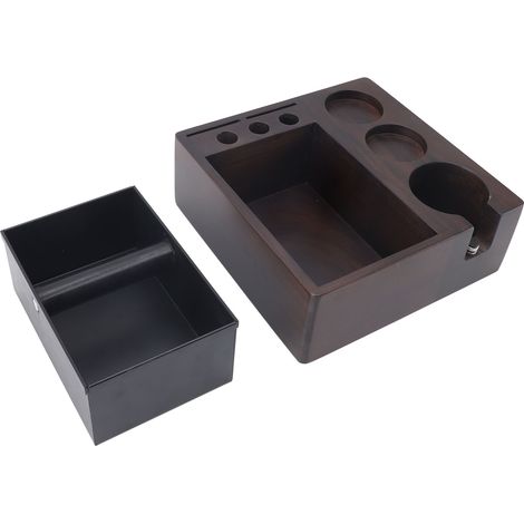 Station de tassage café Noyer massif Organisateur porte-filtre antidérapant 24x24cm Rangement compact élégant pour barista (1/5)