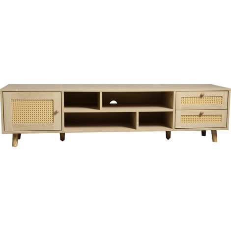 Mobile TV in legno e rattan 160 cm per TV fino a 70", con 2 cassetti e 1 anta (1/5)