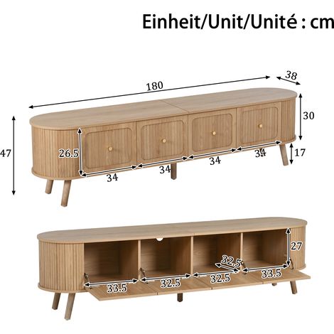 Meuble TV contemporain, console TV design, meuble bas pour salon, coffre TV avec 4 portes, poignées laiton doré, pieds bois naturel, style unique, dimensions 180 x 38 x 47 cm (L x P x H) (1/5)