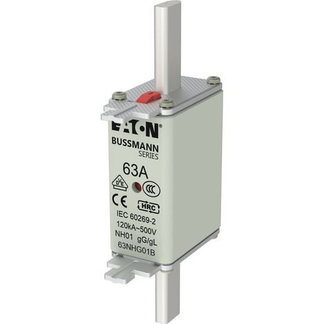 Eaton Cartucho fusible, Baja tensión, 63 A, AC 500 V, 120 kA, NH01, gL/gG, IEC, Indicador doble, lengüeta de agarre conductora, 63NHG01B