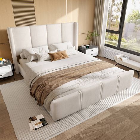 Lit double 140 x 200 cm en tissu beige, tête et pied de lit hauts, cadre bois et métal avec port usb intégré (1/5)