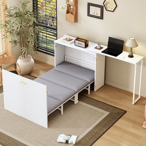 lit adulte bureau pivotant mobile 90x200 blanc OKMYHOME