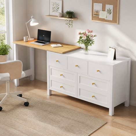 Scrivania angolare girevole 360° con cassettiera 7 cassetti 120 x 40 x 70 cm bianco rovere OKWISH (1/5)